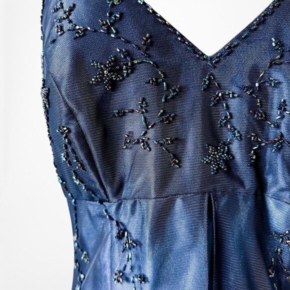 Vintage Blue Gradient Satin Mesh Floral Beaded Babydoll Style Prom Dress Size M - Picture 6 of 8